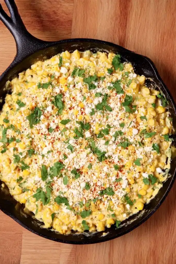 Overhead view of creamy skillet Mexican street corn with cotija cheese and cilantro on a rustic wooden table