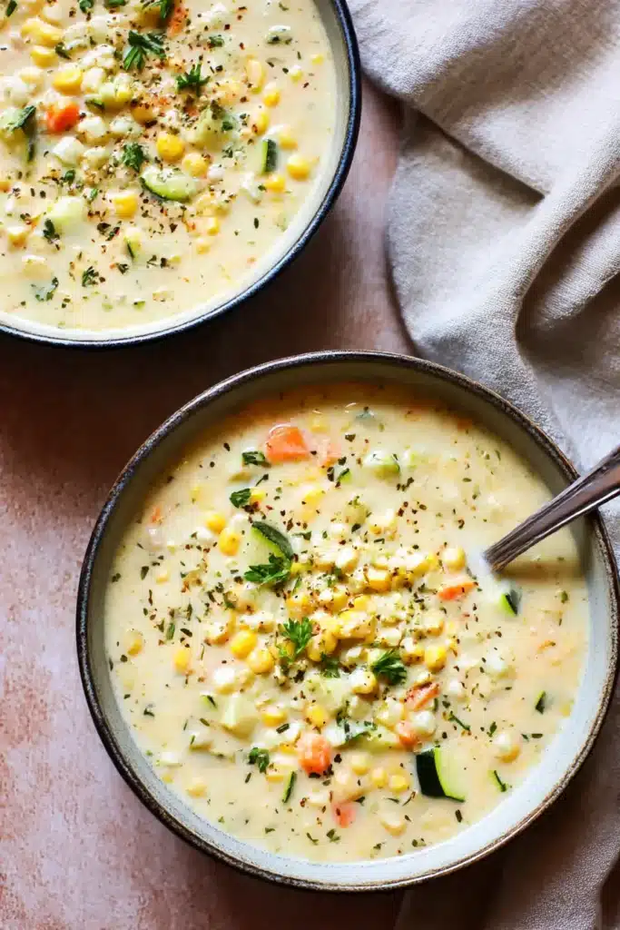 Summer Corn Chowder Soup Recipe: Fresh, Simple, and Comforting 7 Two bowls of creamy summer corn chowder soup with sweet corn, zucchini, carrots and parsley on rustic wooden background