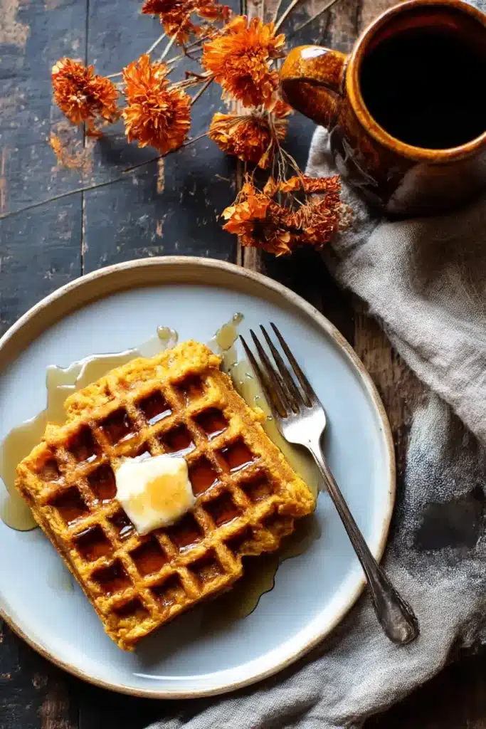 Top-down view of cider pumpkin waffle with salted maple butter and cinnamon coffee