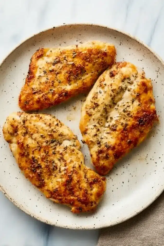 Golden pan-seared chicken breasts on a ceramic plate with crispy edges and herb seasoning on a marble background.

