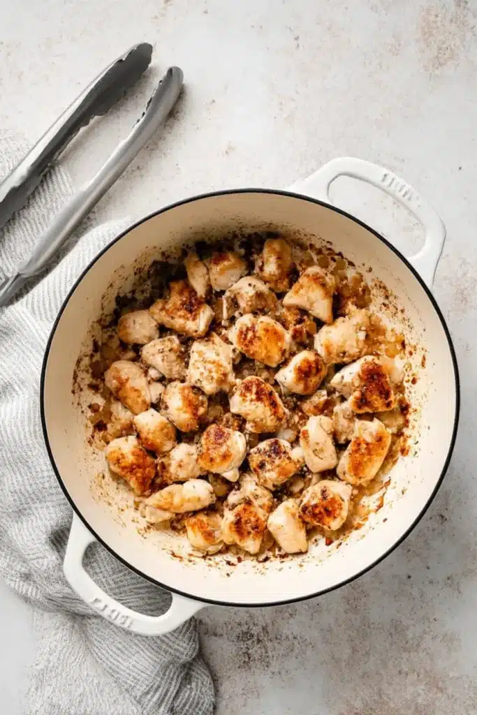 Golden-brown seared chicken in a white Dutch oven on a rustic kitchen surface with tongs and a linen towel