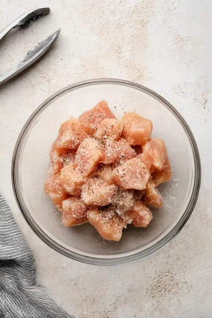 Raw cubed chicken seasoned in a glass bowl on a concrete kitchen surface with tongs and a linen towel