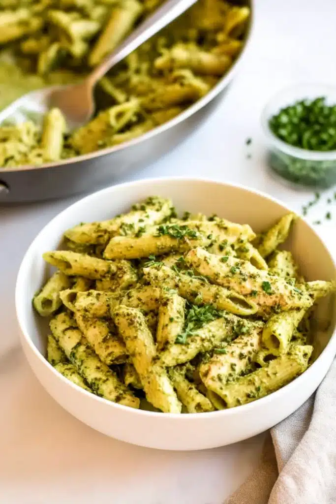 Bowl of creamy chicken pesto pasta with tender chicken and vibrant pesto sauce