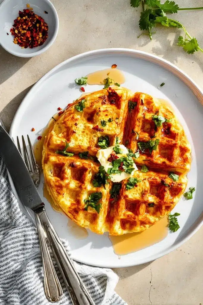 Low carb cheese and egg waffles served on a plate with butter, parsley, and red chili flakes

