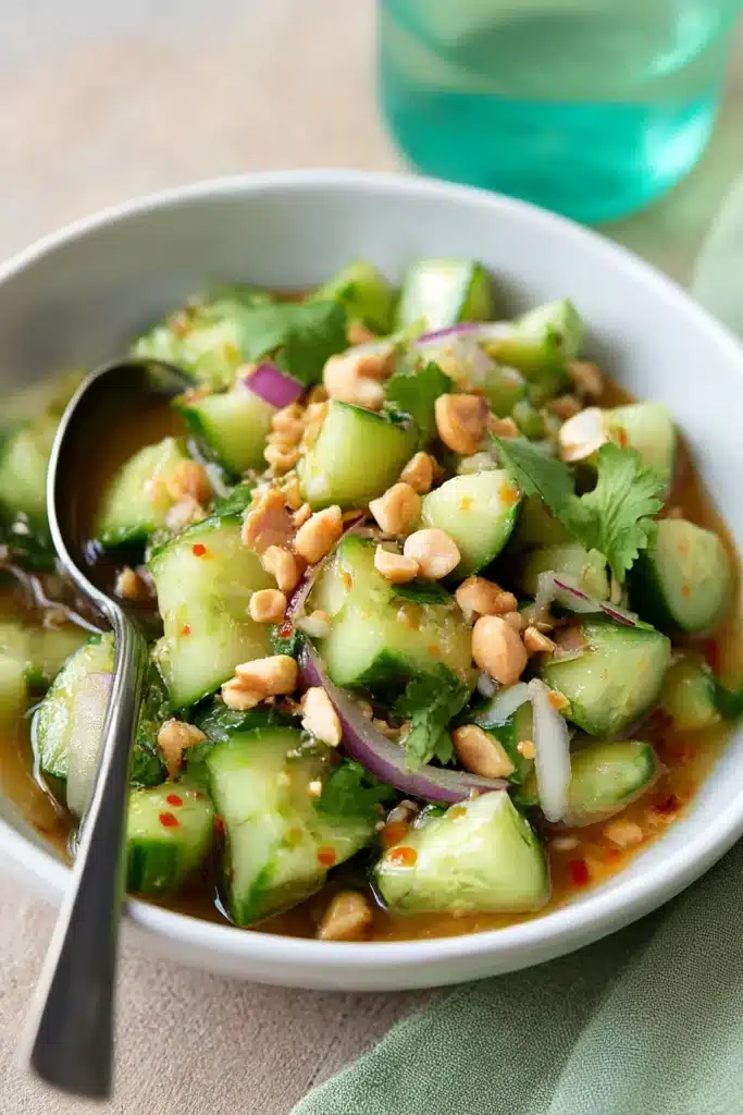 Thai Cucumber Salad – A Quick and Delicious Thai Side Dish 7 Thai cucumber salad with spoon, topped with peanuts, red onion, and cilantro in chili dressing
