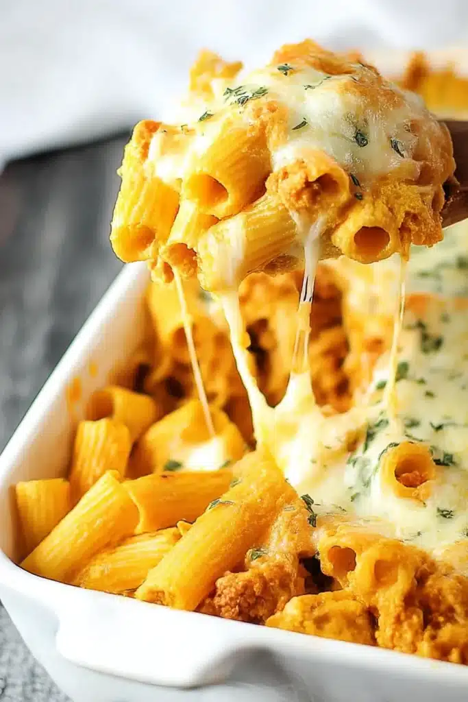 Pumpkin and Sausage Pasta Bake being served from baking dish with melted cheese