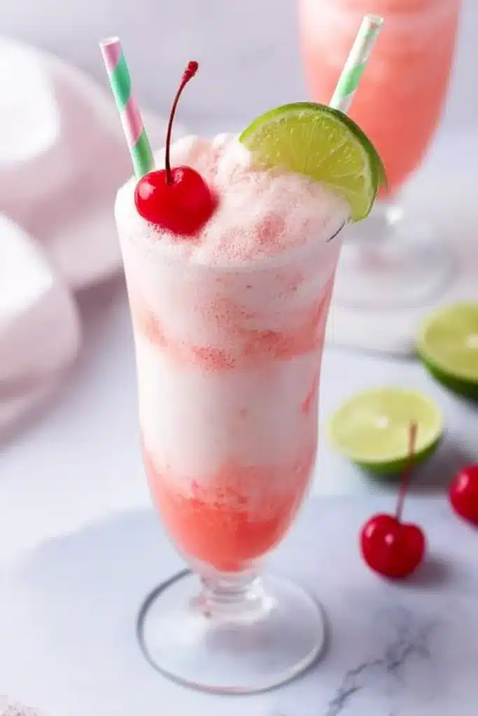 Tall Shirley Temple ice cream float with fizzy pink soda, creamy ice cream, cherry and lime garnish on a white marble table

