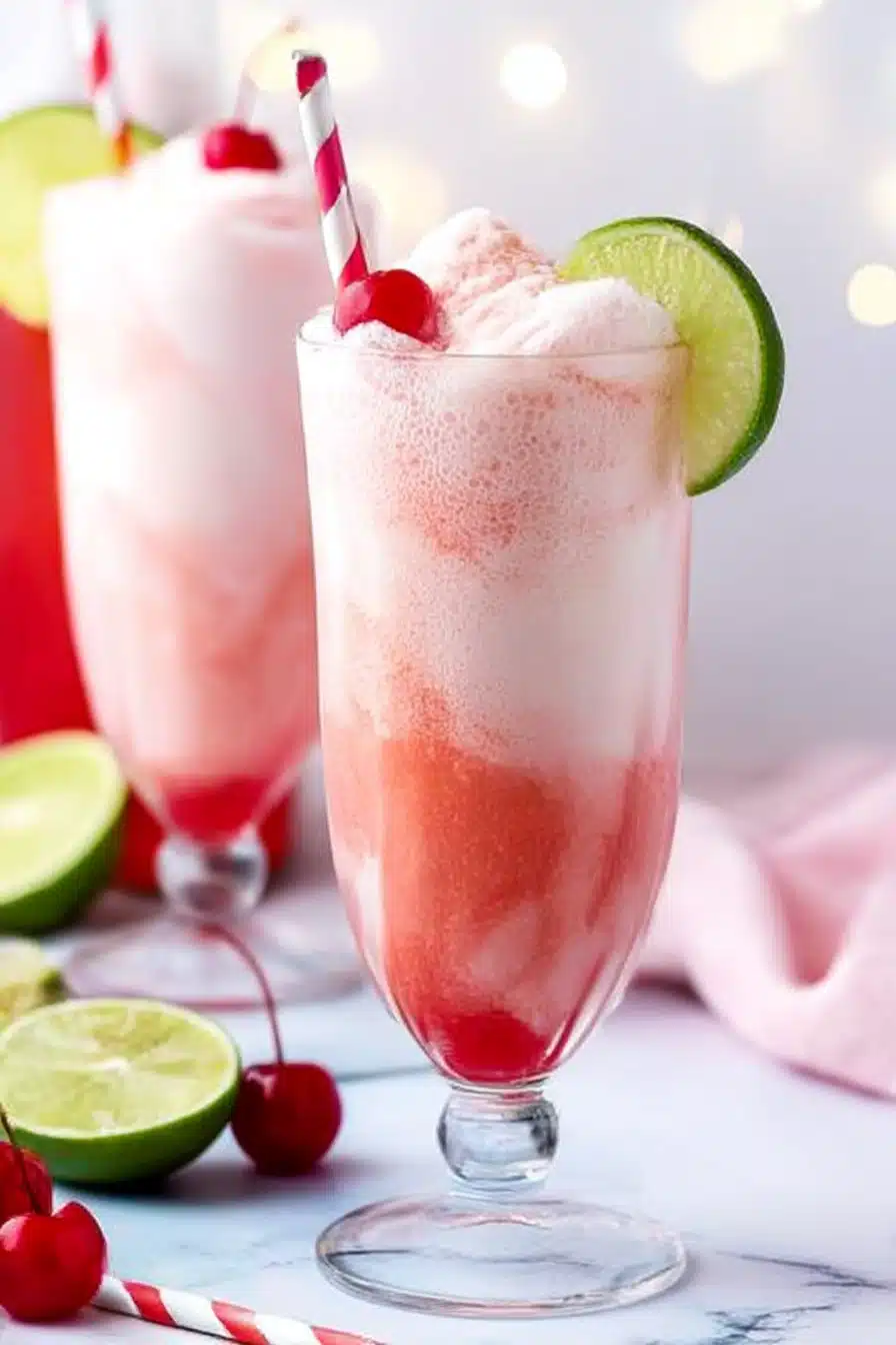 Shirley Temple ice cream float in a tall glass with pink soda, vanilla ice cream, cherry and lime garnish