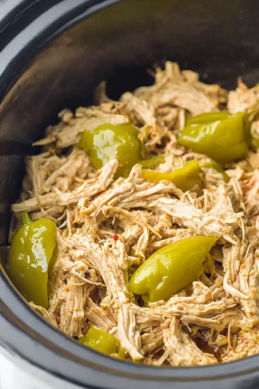 Shredded Mississippi chicken with pepperoncini in a black bowl, tender and juicy