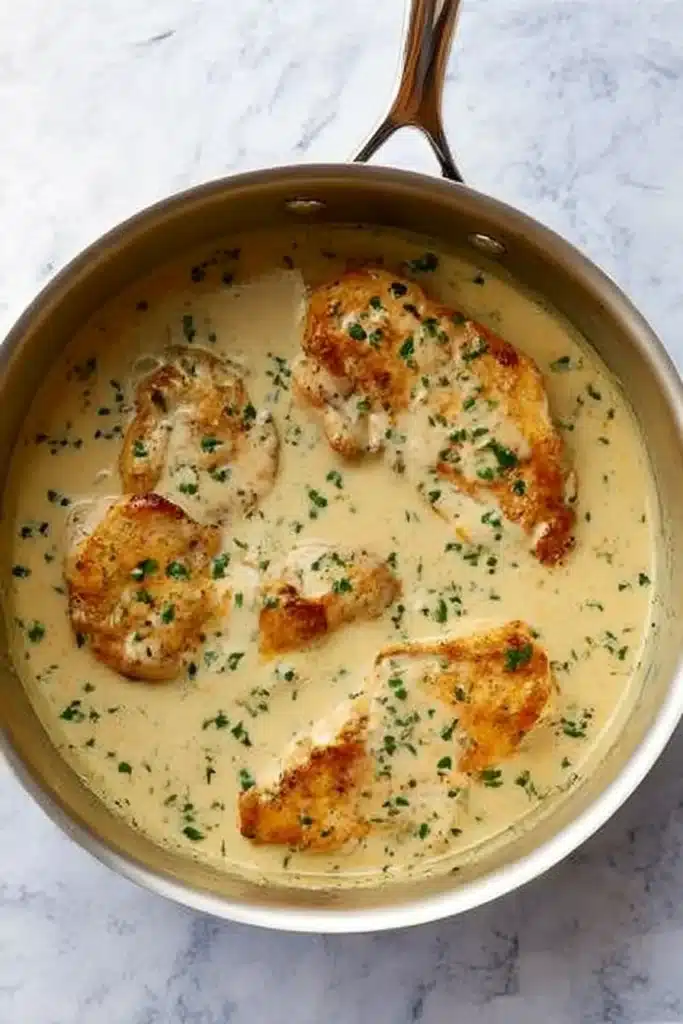 Seared chicken breasts simmering in creamy garlic Parmesan sauce with parsley in skillet.

