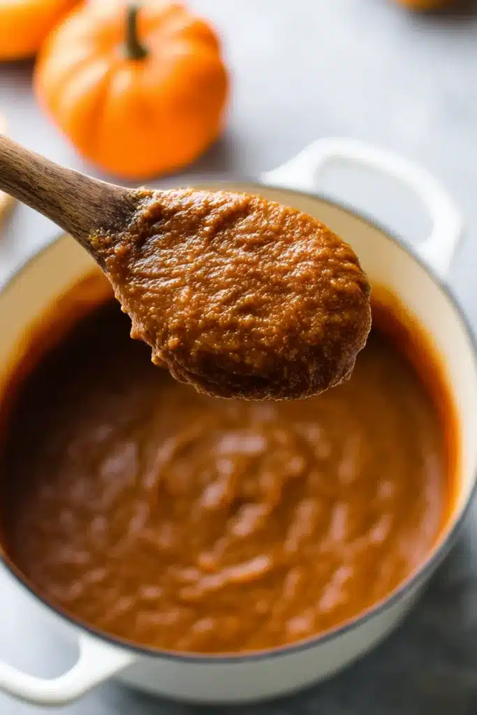 Quick and Easy Pumpkin Butter – A Fall Favorite in Minutes 6 Quick and Easy Pumpkin Butter on a wooden spoon over a stovetop pot