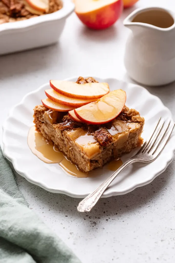 Plated slice of oatmeal apple breakfast bake with maple syrup and fresh apple slices on a white dish