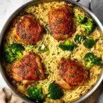 Skillet chicken thighs with broccoli cheddar orzo in a stainless steel pan on a rustic stone surface with crispy skin and vibrant broccoli