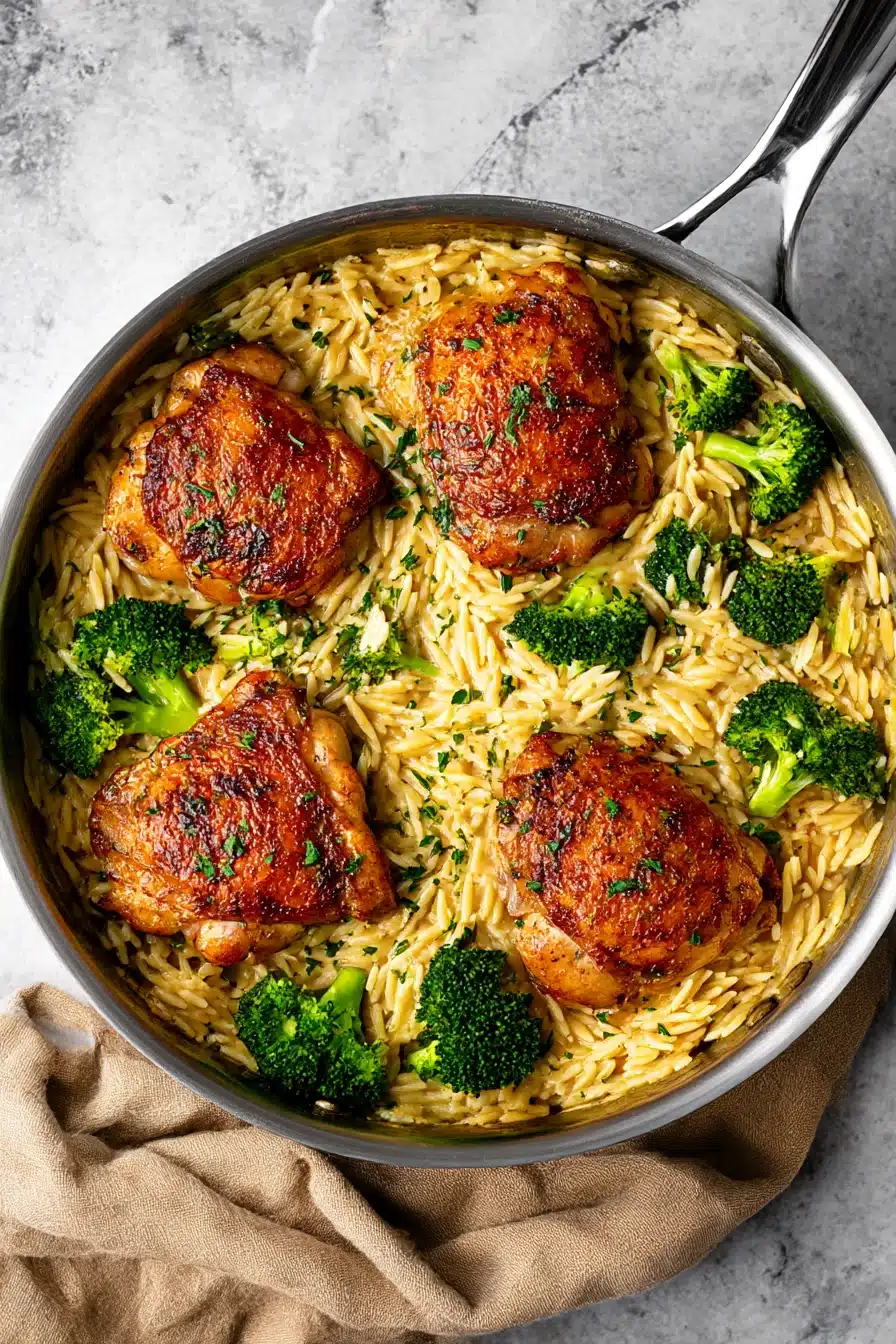 Skillet chicken thighs with broccoli cheddar orzo in a stainless steel pan on a rustic stone surface with crispy skin and vibrant broccoli