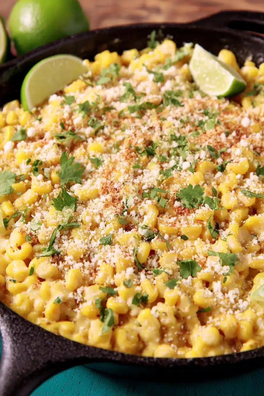 Close-up of creamy skillet Mexican street corn with cotija cheese, cilantro, and lime wedges in a rustic cast iron pan