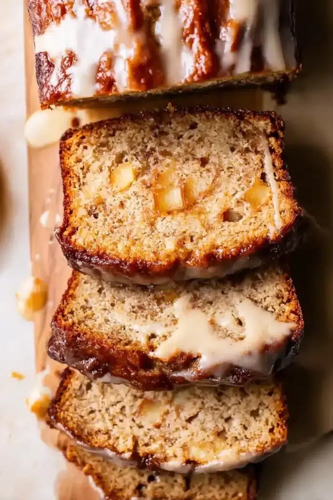 Top-down view of sliced Amish Apple Fritter Bread with caramelized apple crust and visible glaze on a wooden board.