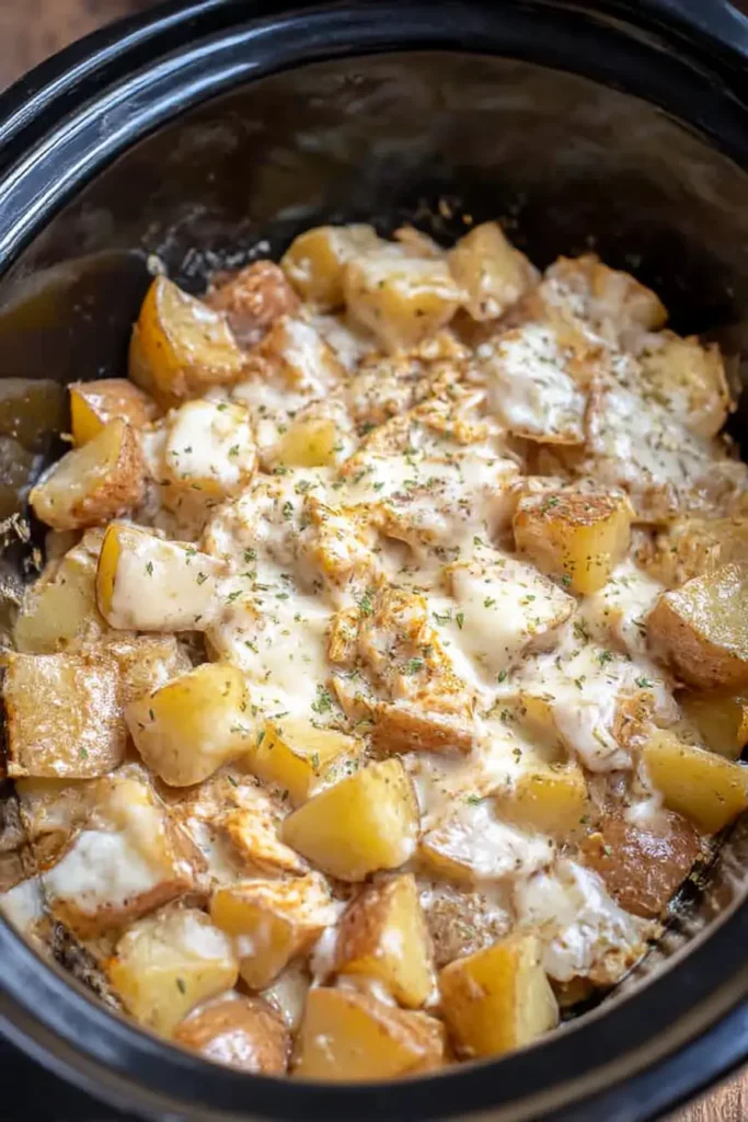 Crockpot Garlic Parmesan Chicken – Easy & Comforting Dinner 6 Crockpot Garlic Parmesan Chicken and Potatoes fully cooked with melted cheese and herbs in a slow cooker.