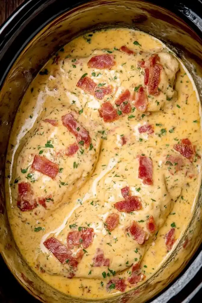 Slow Cooker Crack Chicken simmering in creamy ranch cheddar sauce with bacon and herbs