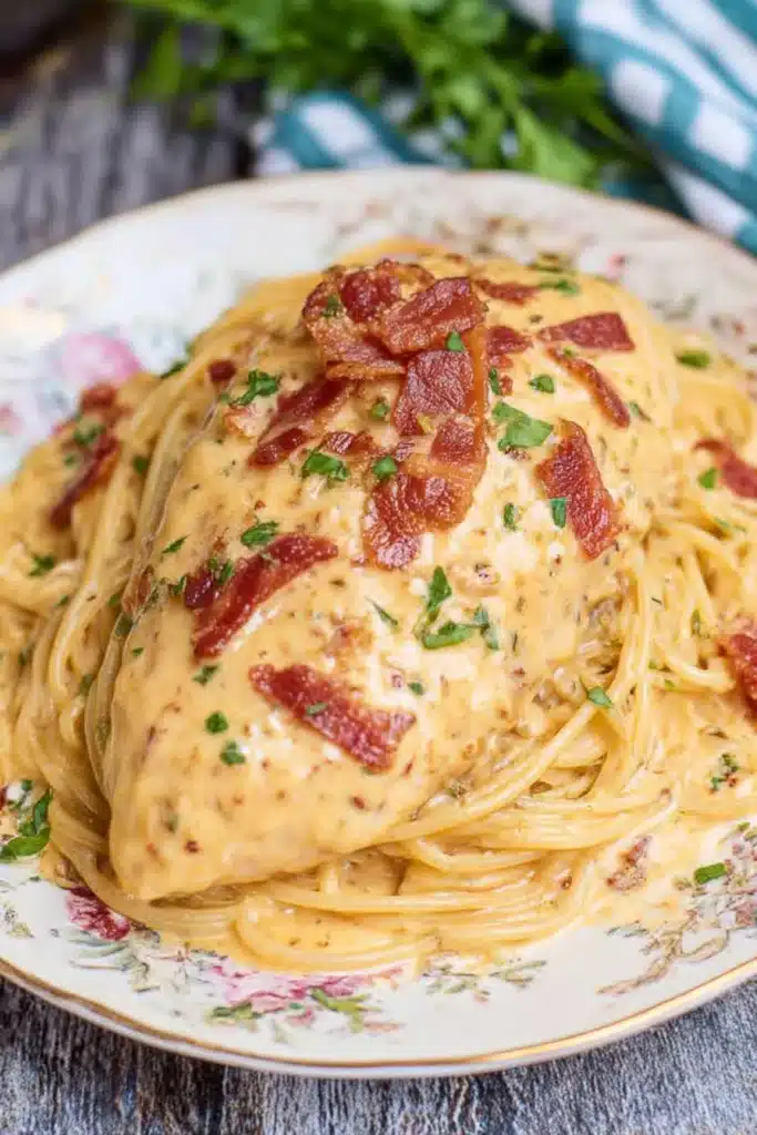 Slow Cooker Crack Chicken over spaghetti with creamy ranch sauce and crispy bacon