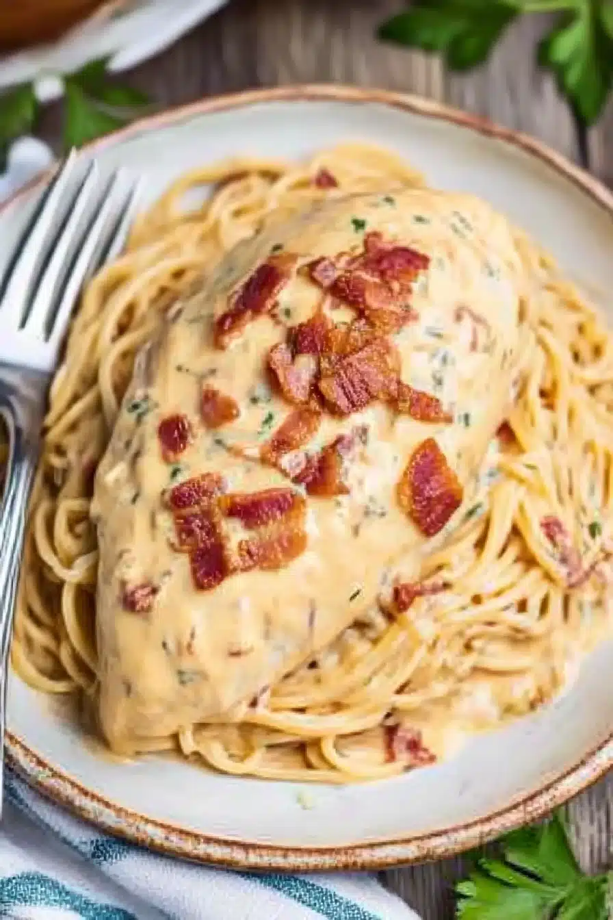 Slow Cooker Crack Chicken served over creamy cheddar ranch spaghetti with bacon bits on a rustic plate