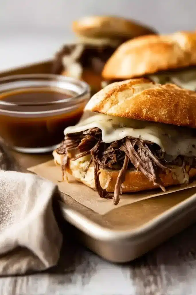 Crockpot French Dip Sandwich served with au jus on a rustic tray