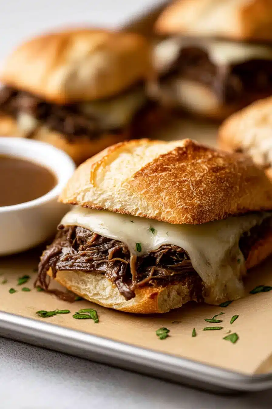 Crockpot French Dip Sandwiches with shredded beef, melted cheese, and au jus on crusty rolls