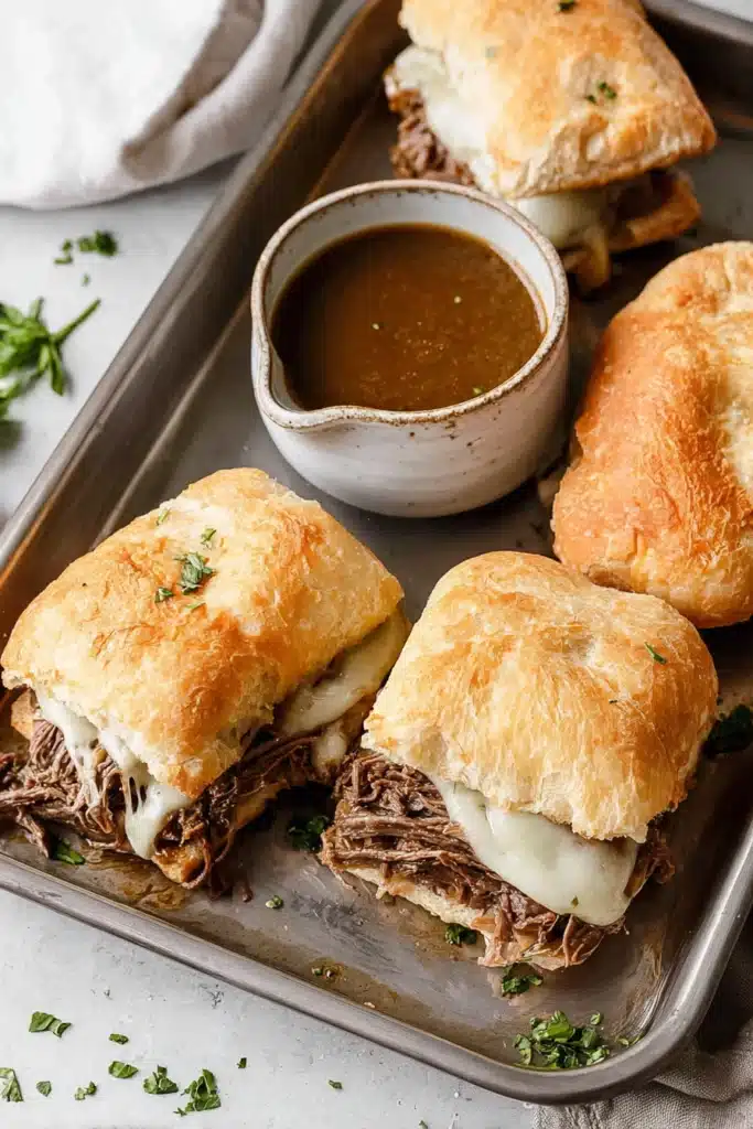 Slow cooker French dip sandwiches with melted cheese and au jus dipping sauce on ciabatta rolls