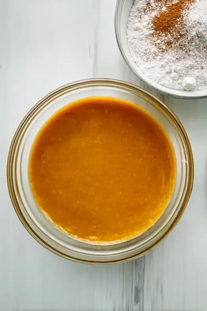 Overhead view of smooth pumpkin batter in a glass bowl on pale wooden table