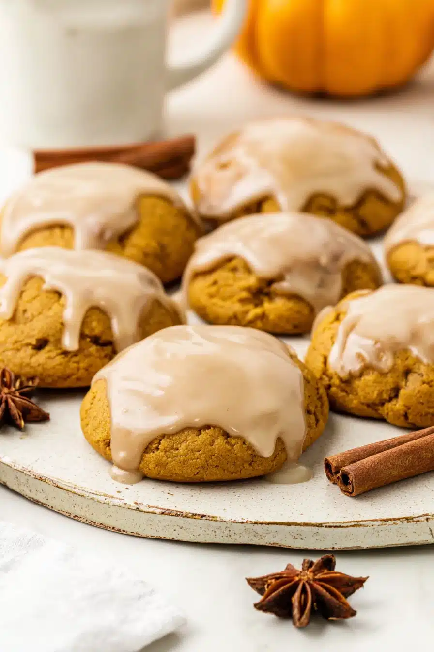 Soft pumpkin cookies with maple glaze topped with glossy icing, styled with cinnamon and star anise on a cozy fall baking tray.