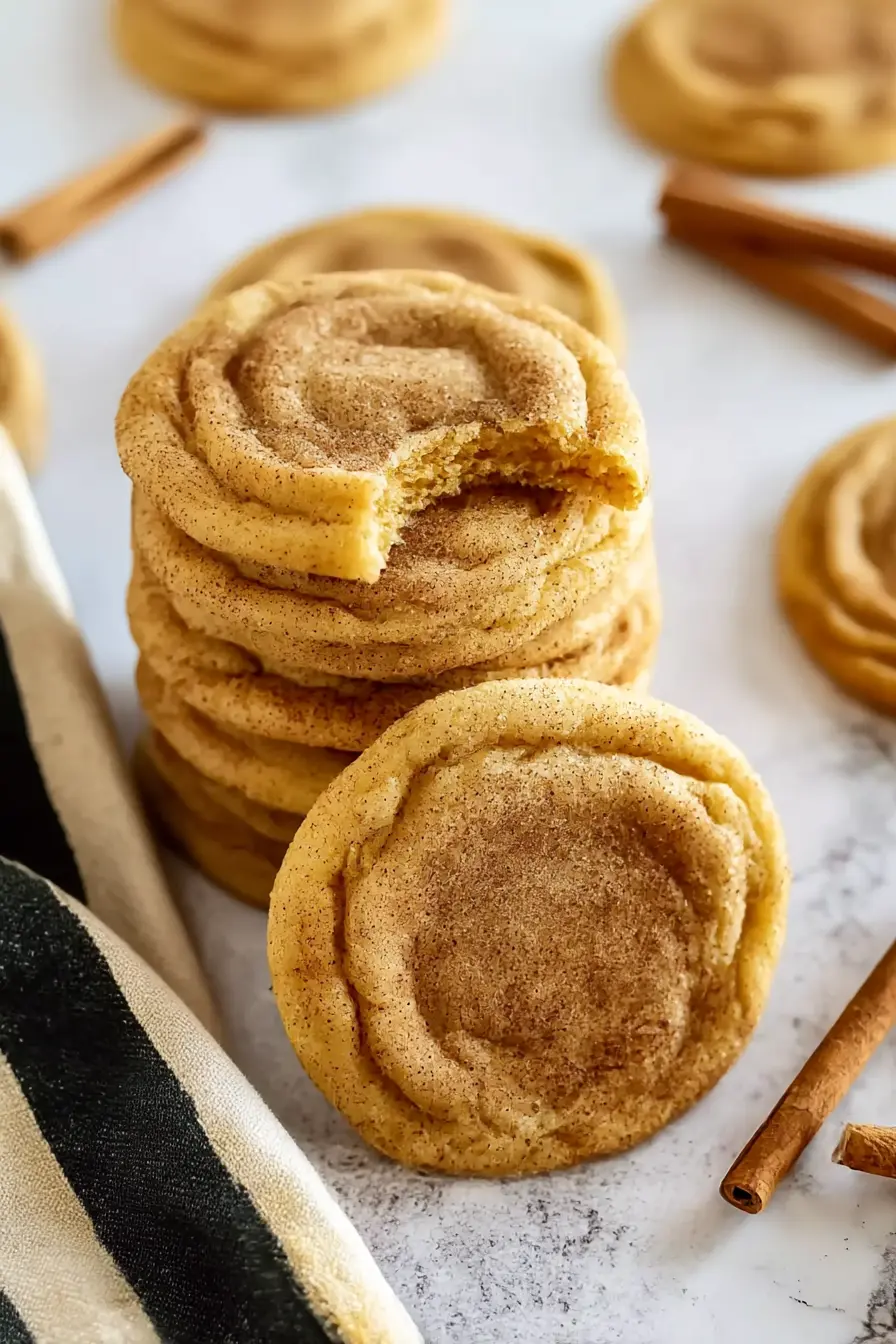 Soft pumpkin snickerdoodle cookies stacked on a stone surface with cinnamon sugar topping