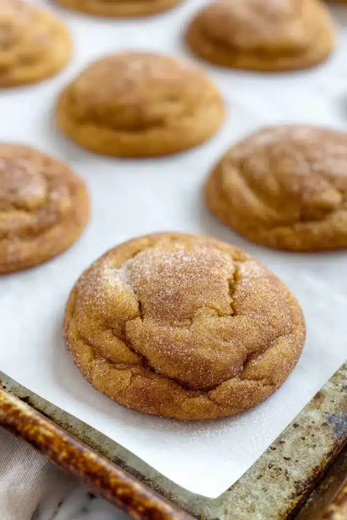 Close-up of a golden-brown pumpkin snickerdoodle with a sugar-dusted top on a parchment-lined tray