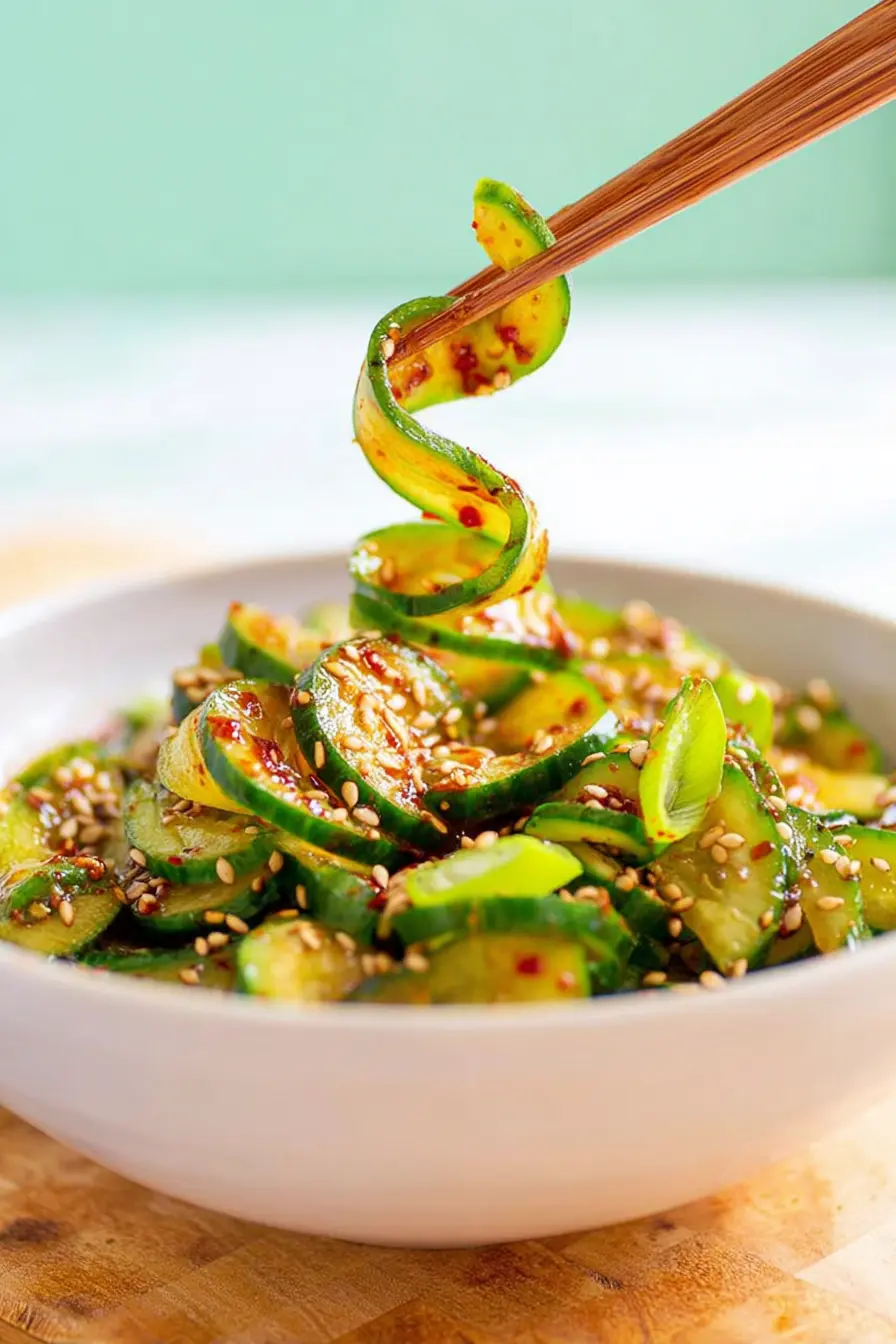 Spiralized Korean cucumber salad with chili dressing in a white bowl lifted by chopsticks