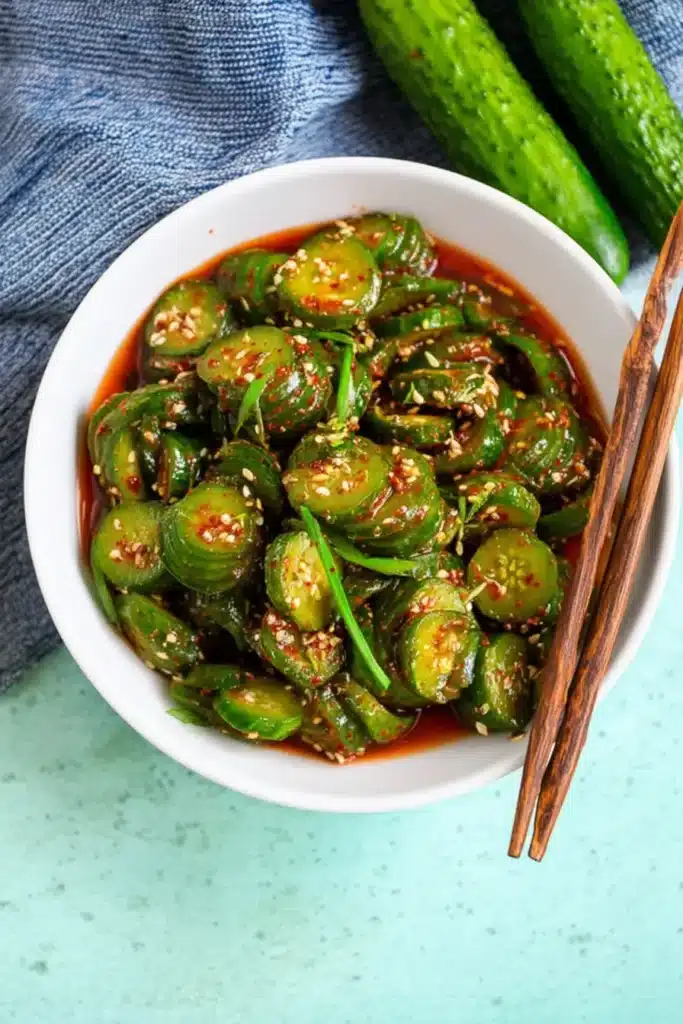 Korean Cucumber Salad – Spicy, Crunchy Summer Side 6 Spicy Korean cucumber salad in white bowl with chopsticks and fresh cucumbers