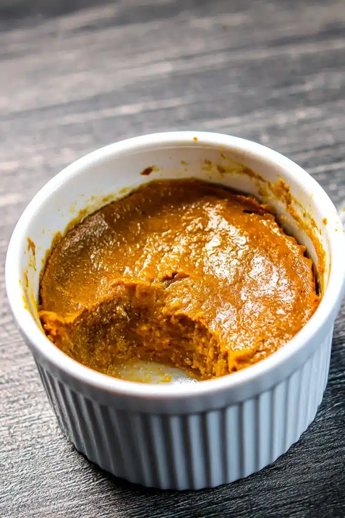 Mini Keto Crustless Pumpkin Pie with a spooned bite in a white ramekin