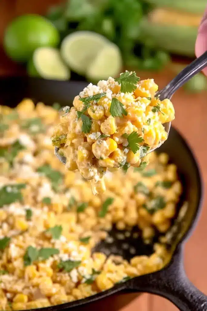 Skillet Mexican Street Corn — A Quick, Flavorful Summer Side 7 Close-up of spoonful of creamy Mexican street corn with cheese and cilantro above skillet on rustic wooden table