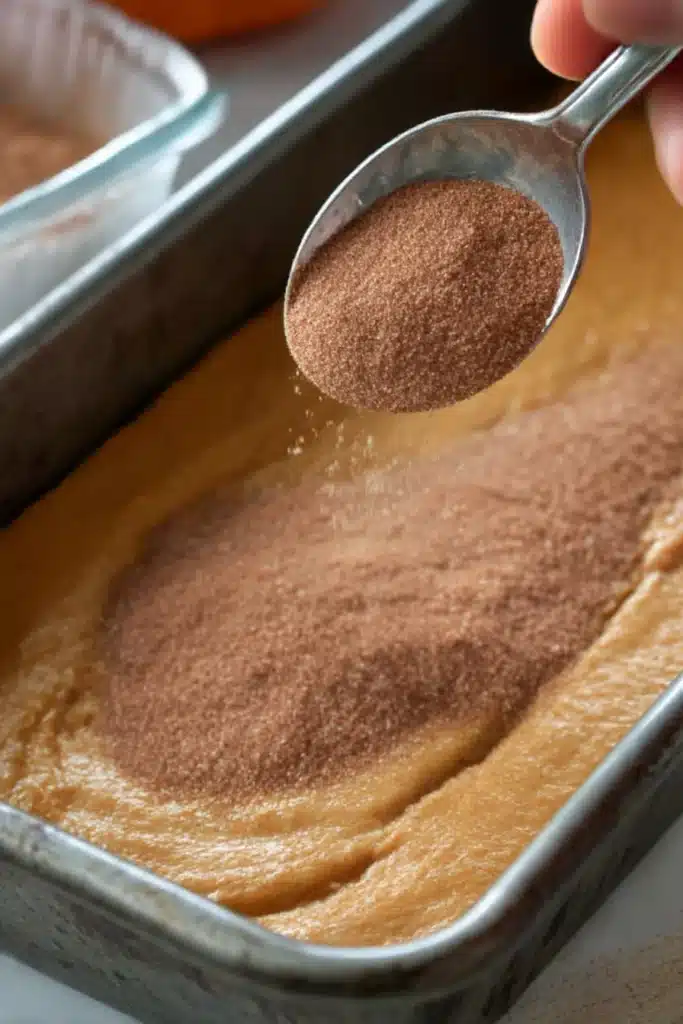 Pumpkin Snickerdoodle Snack Cake: Simple & Delicious 7 Spoon sprinkling cinnamon sugar topping over pumpkin batter in metal baking pan.