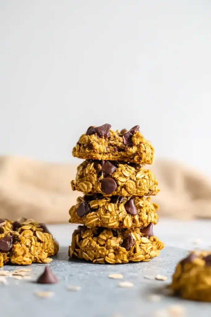 Stack of baked pumpkin oat cookies with a bite showing soft interior.