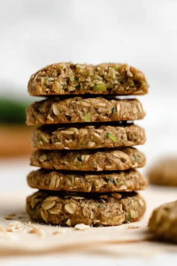 Healthy Zucchini Oatmeal Cookies | Soft, Cozy Treat 8 Stack of healthy zucchini oatmeal cookies showing rustic texture and chewy interior with zucchini flecks