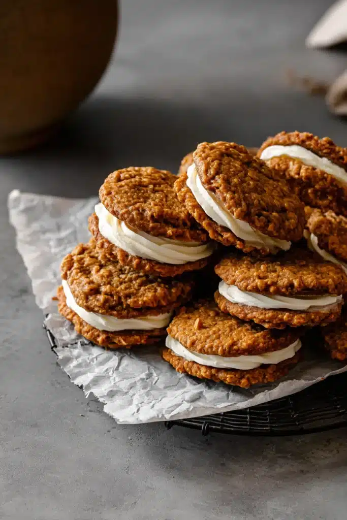 Pumpkin Oatmeal Cream Pies – Amazing Fall Dessert Treat 12 Pumpkin oatmeal cream pies stacked on a wire rack with creamy frosting