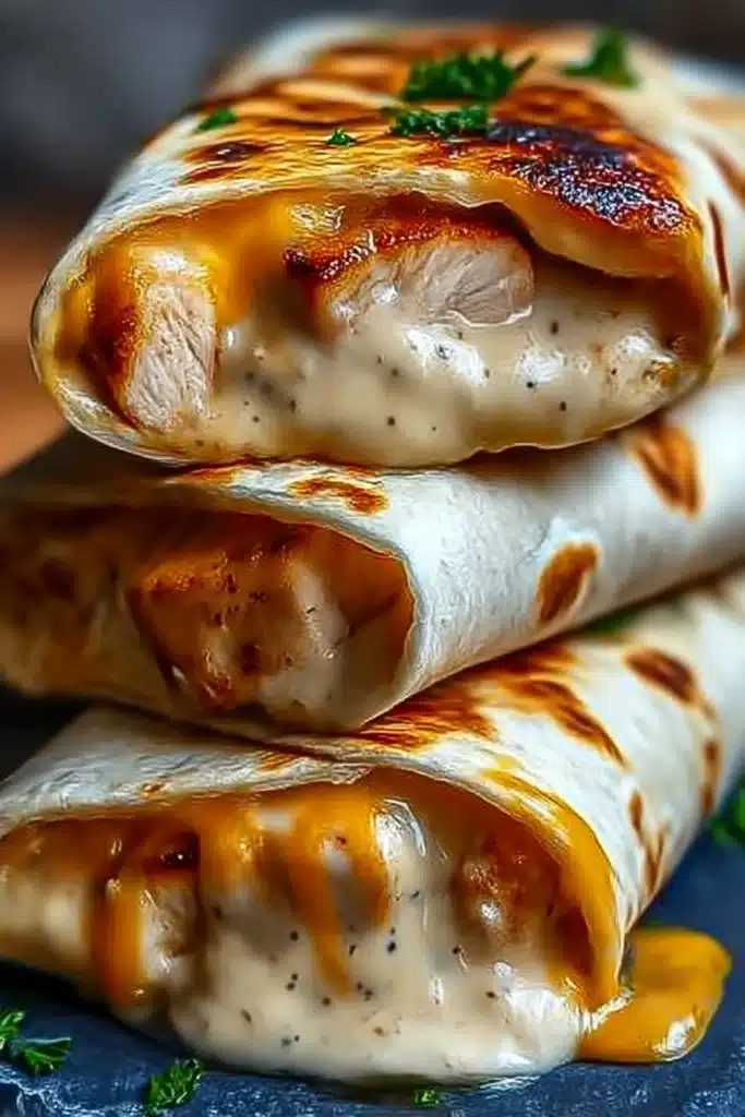 Close-up of stacked cheesy chicken garlic wraps with creamy garlic sauce, melted cheddar cheese, charred chicken, and toasted tortillas