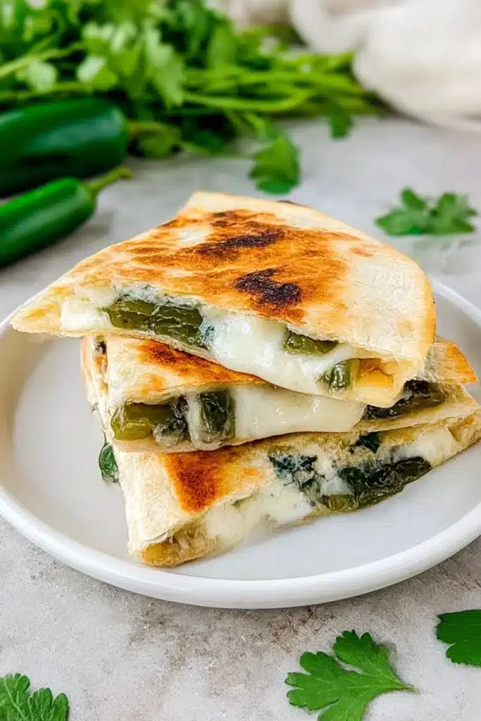 Chile Relleno Quesadilla: Quick, Delicious & Flavor-Packed 8 Golden quesadilla slices stuffed with melted cheese and poblano, served on white plate