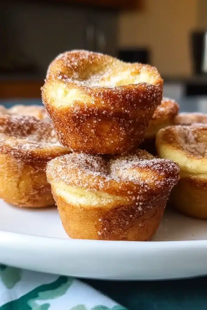 Crispy golden cinnamon sugar French toast muffins stacked on a white plate, showing sugar-dusted tops and moist, tender centers.