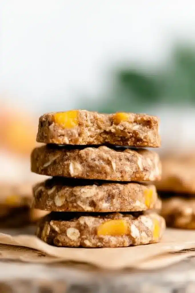 Peach Oatmeal Breakfast Cookies : Soft & Wholesome 7 Stack of homemade peach oatmeal cookies with a bite showing soft chewy interior