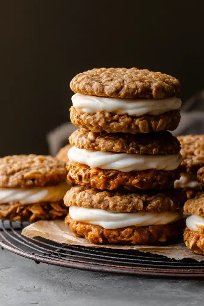 Tall stack of pumpkin oatmeal cream pies with thick maple frosting on a wire rack