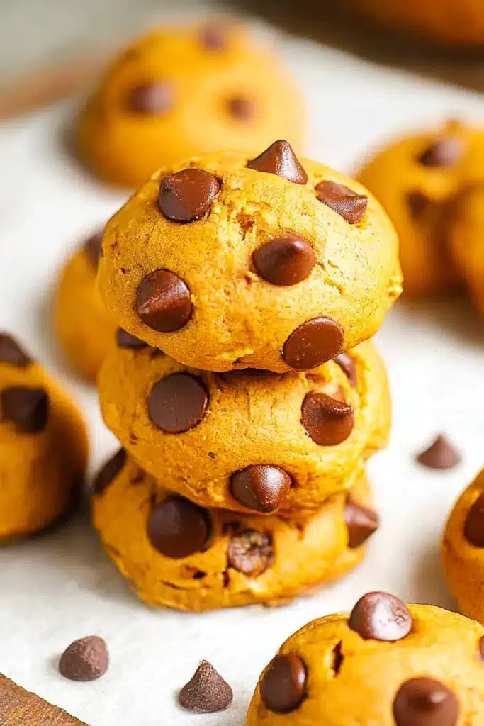 Stack of classic pumpkin chocolate chip cookies with soft, cakey texture and visible chocolate chips on parchment paper