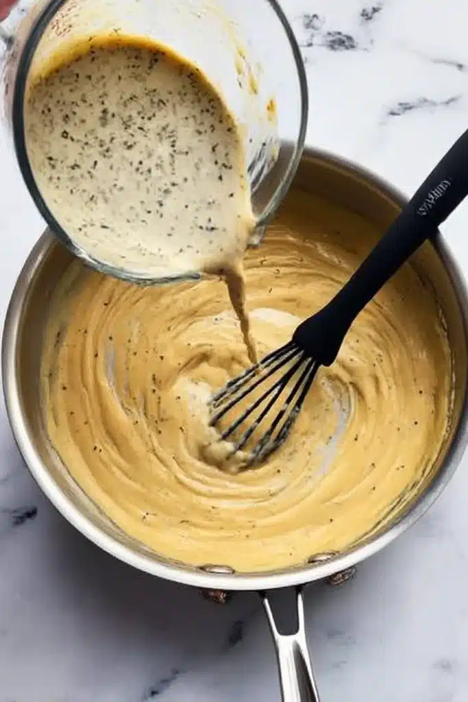 Pouring creamy herb sauce into golden roux in skillet on white-gray countertop.