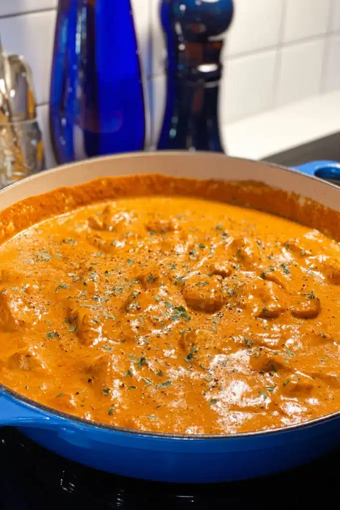 Easy Homemade Butter Chicken – Simple & Sensational Dinner 8 Easy homemade butter chicken simmering in a skillet on the stovetop