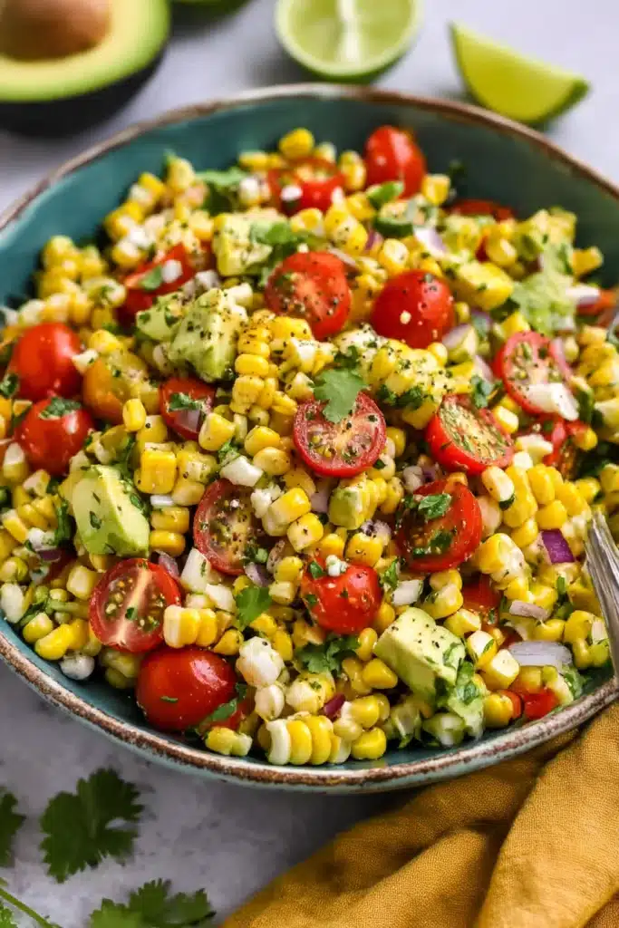 Colorful summer corn salad with avocado, cherry tomatoes, red onion, cilantro, served in a rustic bowl.
