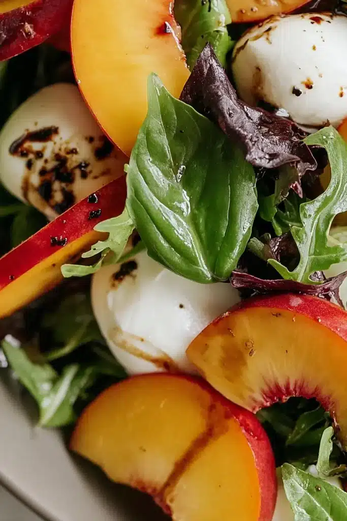 Close-up of summer peach salad with juicy peaches, mozzarella, and basil