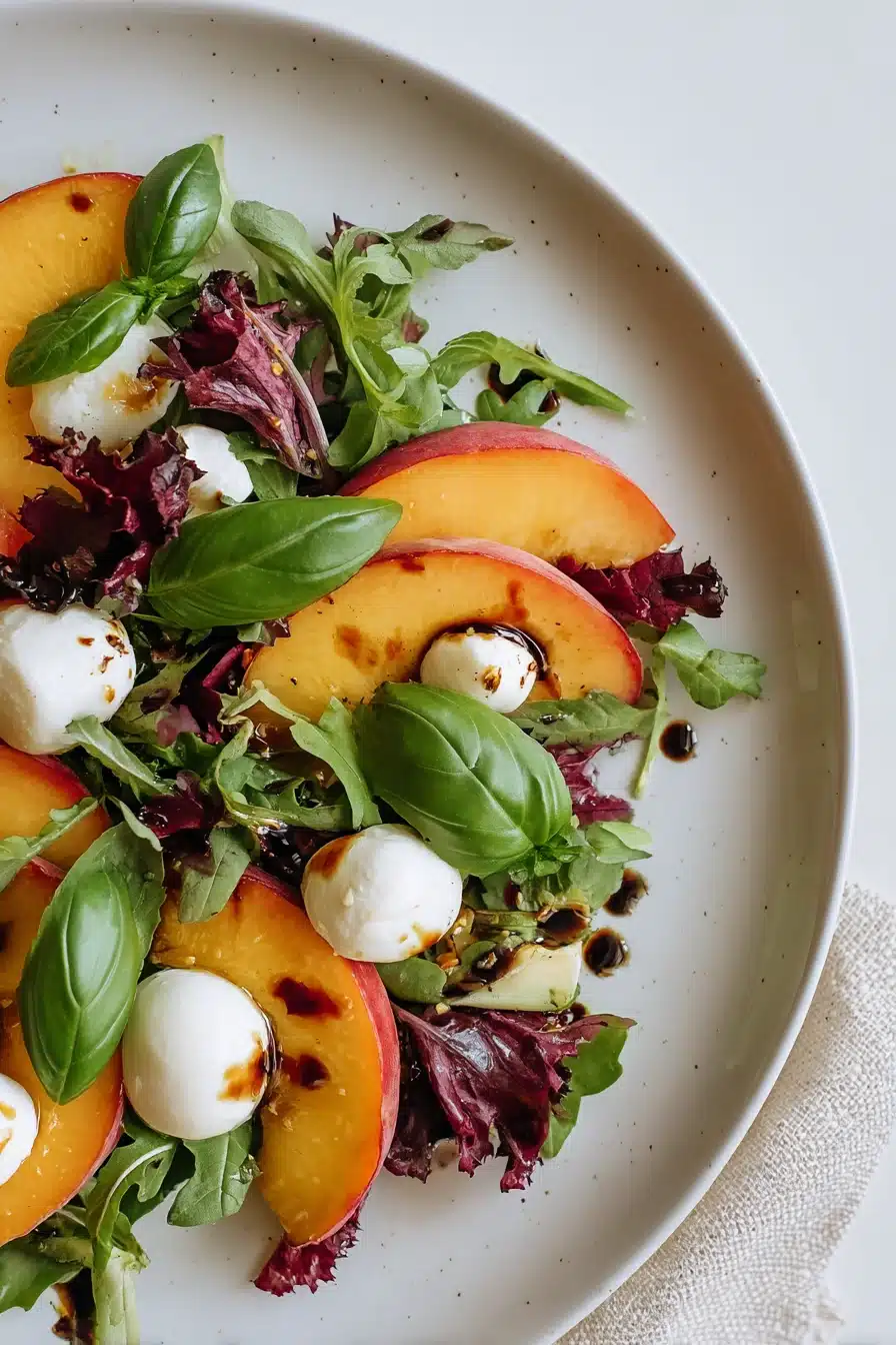 Fresh summer peach salad with basil, mozzarella, and mixed greens on a ceramic plate